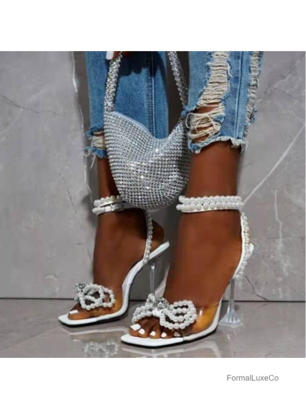 Square Toe Clear Heels Sexy Rhinestone Bow Heels Open Toe Ankle Strap Stiletto - Picture 5 of 6